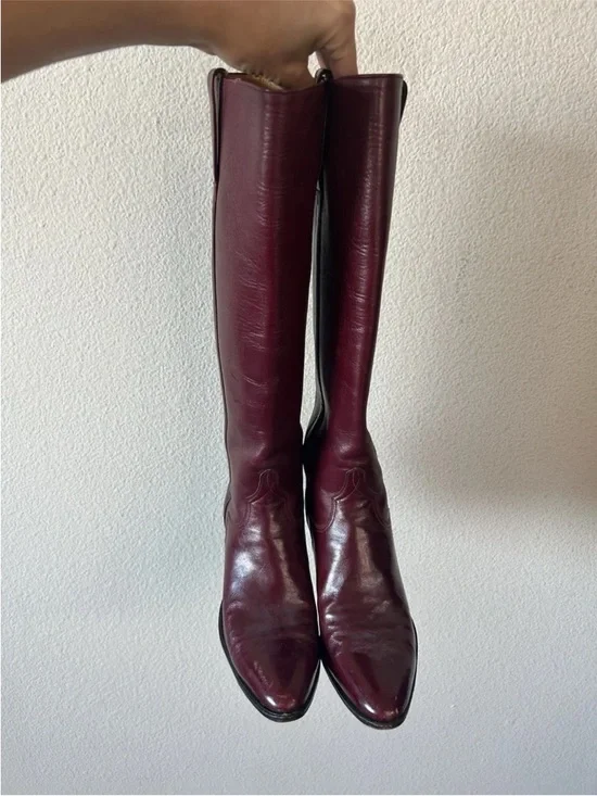 Vintage Burgundy Leather Knee High Boots Western Y2K Size 5.5B Bohemian Festival - Picture 6 of 16